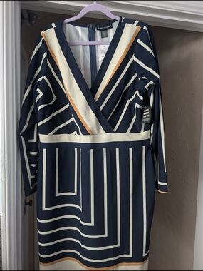Ashley Stewart Navy Striped Wrap Dress with Cream & Tan Accents